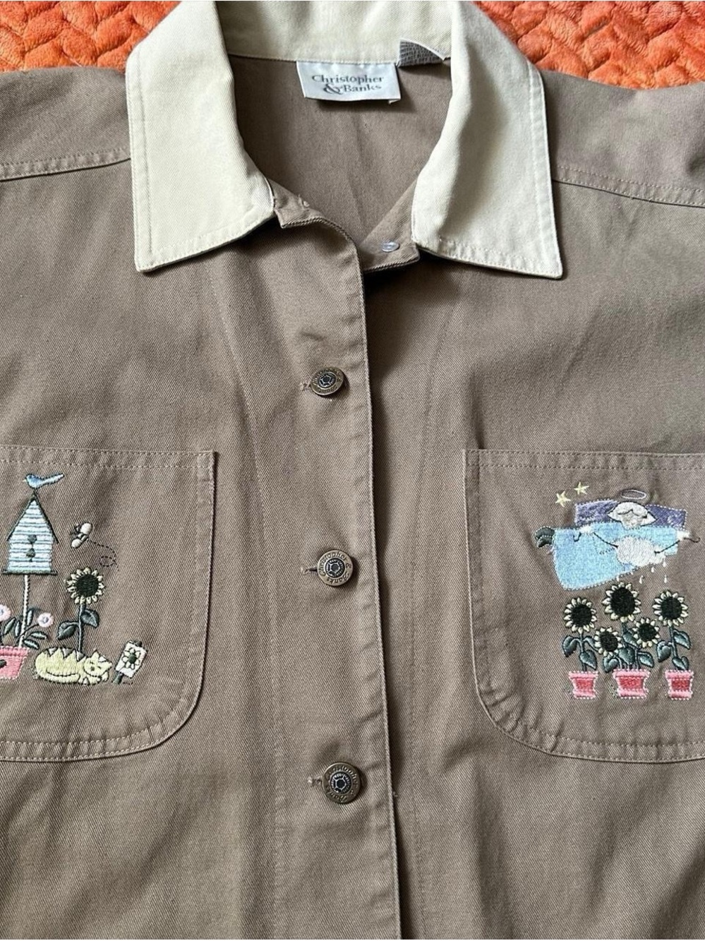 Vintage 90s Christopher & Banks Cute Taupe Utility Jacket with Cream Collar L - Picture 2 of 7
